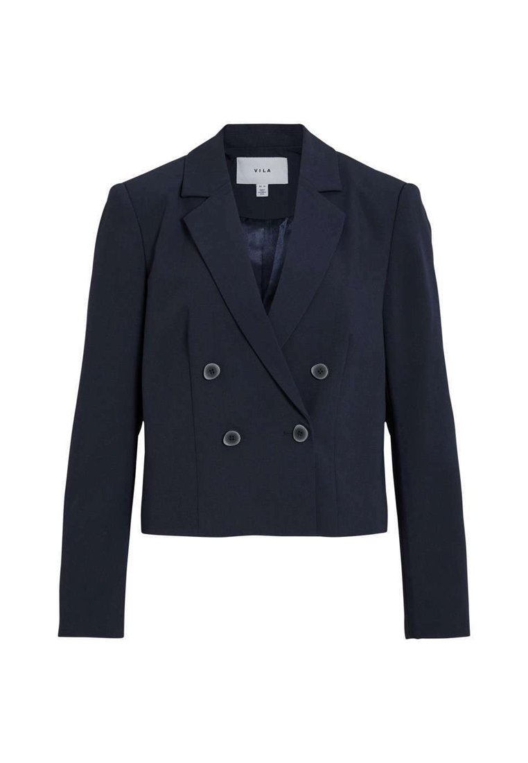 Blazer cropped croisé bleu marine en tissu lisse, avec des revers, des manches longues et deux boutons à l'avant.