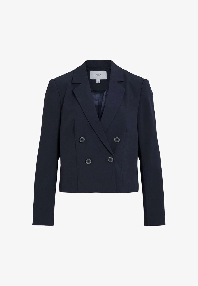 Blazer cropped croisé bleu marine en tissu lisse, avec des revers, des manches longues et deux boutons à l'avant.