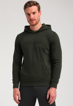 Dark green hoodie made of cotton blend, featuring a front kangaroo pocket, drawstring hood, and embossed logo on the chest.
