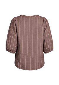 Brown striped blouse with puff sleeves, round neck, and a relaxed fit. Vertical stripes in lighter pink create a subtle pattern.