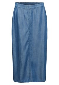 Jeanskjol, ljusblå, knälång, elastisk midja, rak skärning, med vertikal sömdetalj framtill.