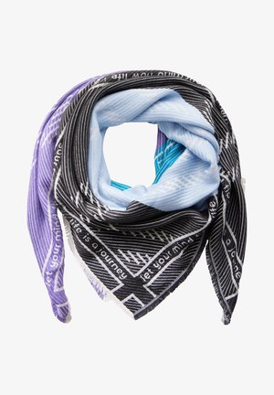 Bunt gemusterter Schal mit geometrischem Design in Schwarz, Blau und Lila. Hergestellt aus weichem Stoff mit Fransenrändern. Der Text enthält inspirierende Sprüche.