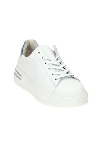 White leather sneaker with a round toe, flat laces, and a textured blue heel accent. Features a thick, white rubber sole with a striped design.
