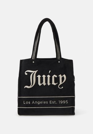 Borsa tote nera con testo bianco ricamato "Juicy" e "Los Angeles Est. 1995" e manici neri con strisce bianche.
