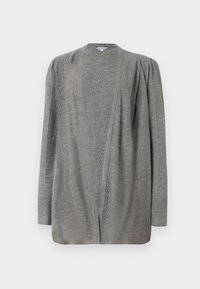 Gray cardigan with long sleeves, featuring a textured, ribbed pattern and a loose fit. Soft fabric, open front design with no fastenings.