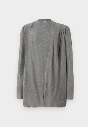 Harmaa neulecardigan, jossa on pitkät hihat, erottuva, ribbikuvio ja löysä istuvuus. Pehmeä kangas, auki oleva etuosa ilman kiinnityksiä.