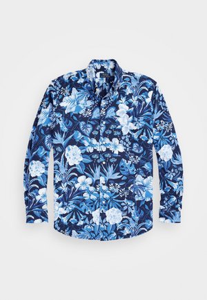 Langärmliges Hemd mit Knopfleiste, blau-weißem Blumenmuster auf dunkelblauem Hintergrund, mit klassischem Kragen und Knopfmanschetten.