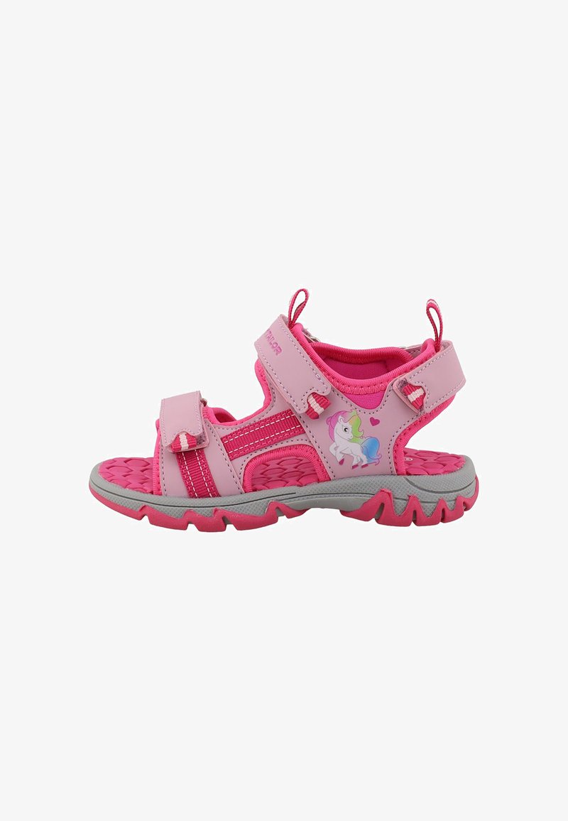 Pink-graue Kindersandale mit verstellbaren Riemen und einem Einhorn-Motiv an der Seite, ausgestattet mit einer strukturierten Sohle für besseren Halt.