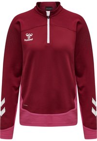 Sudadera granate con cremallera de un cuarto, detalles blancos, mangas con textura y dobladillo rosa contrastante. Presenta el logotipo de la marca en el pecho.