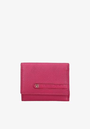 Pink leather wallet with a textured surface, featuring a snap closure and embossed logo. Compact design with clean lines and minimal hardware.
