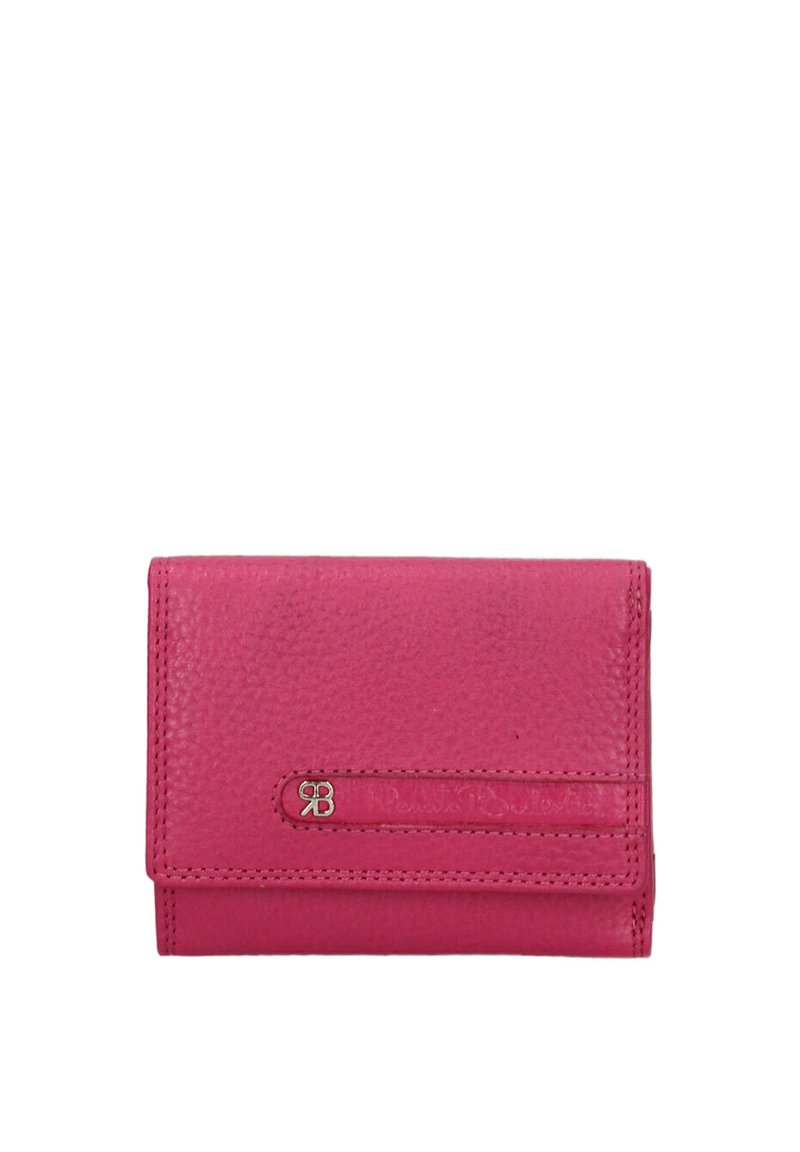 Portafoglio in pelle rosa con superficie testurizzata, dotato di chiusura a scatto e logo impresso. Design compatto con linee pulite e hardware minimale.