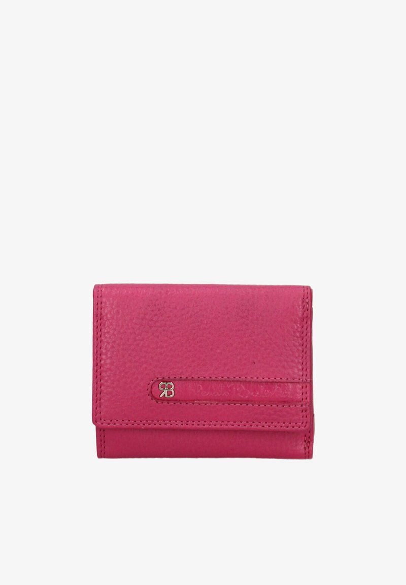 Portafoglio in pelle rosa con superficie testurizzata, dotato di chiusura a scatto e logo impresso. Design compatto con linee pulite e hardware minimale.