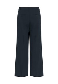 Pantalon à jambes larges en tissu bleu marine foncé ; doté de deux poches arrière avec détail de bouton. Texture lisse et design ajusté.