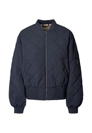 Tumesinine tikitud bomberjakk tõmblukuga ees, elastsete mansettide ja küljetaskuga. Omadusteks on sobiv vöökoht ja sile tekstuur.