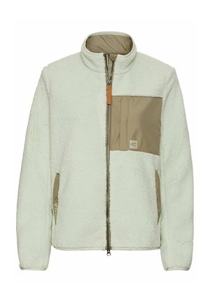 Lichtgroene fleece jack met een beige nylon voorkantzak, hoge kraag en ritssluiting. Gewoven stof met zijzakken.