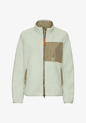 Light green fleece jacket with a tan nylon front pocket, high collar, and zipper closure. Textured fabric with side pockets.