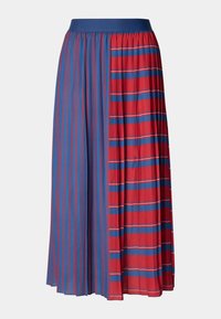 Jupe plissée arborant un schéma de couleurs bleu et rouge avec des rayures verticales et horizontales, taille élastique et texture de tissu léger.
