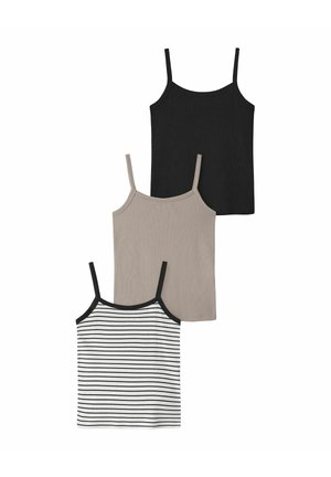 Drei ärmellose Damen-Tanktops mit Spaghettiträgern in Schwarz, Taupe und Weiß mit schwarzen Streifen, vertikal auf weißem Hintergrund angeordnet.
