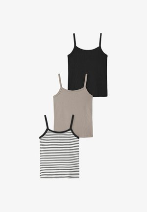 Trois débardeurs sans manches pour femmes avec bretelles fines, en noir, taupe et blanc avec des rayures noires, disposés verticalement sur un fond blanc.