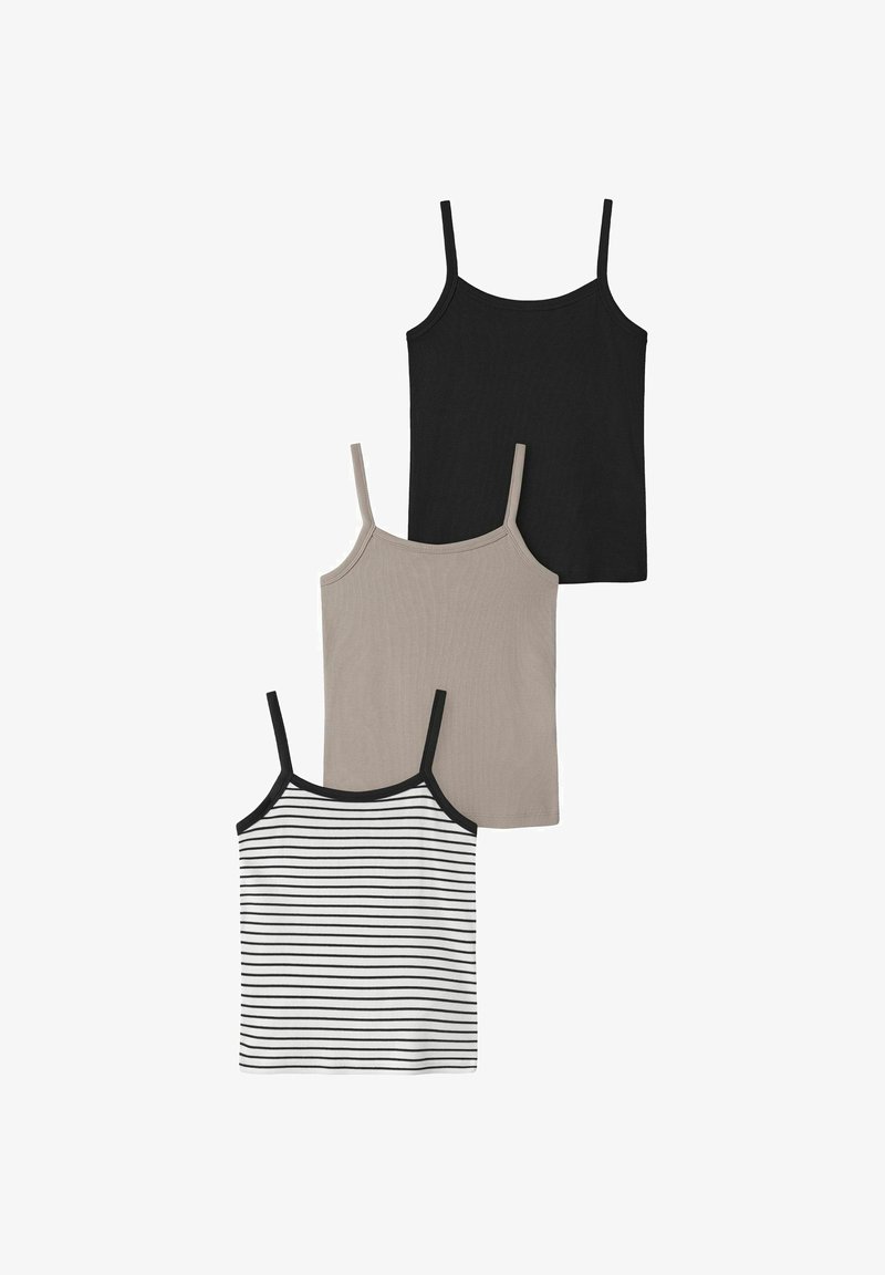 Trois débardeurs sans manches pour femmes avec bretelles fines, en noir, taupe et blanc avec des rayures noires, disposés verticalement sur un fond blanc.