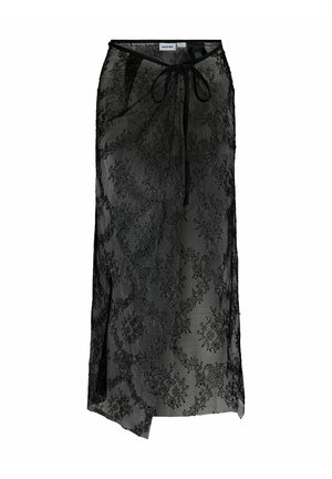 Mustast poolläbipaistvast pitsist midi-seelik lillemustritega, ees lõhik ja vöökoha nöörpael.