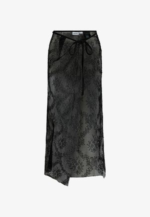 Mustast poolläbipaistvast pitsist midi-seelik lillemustritega, ees lõhik ja vöökoha nöörpael.