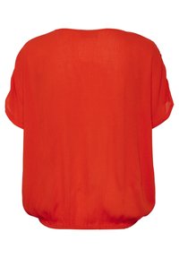 Rote, kurzärmelige Bluse mit Rundhalsausschnitt und gerafftem Saum. Hergestellt aus leichtem, strukturiertem Stoff mit glatter Oberfläche.