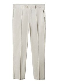 Pantalons beiges avec une coupe plate à l'avant, jambes droites et poches latérales. Fabriqués en tissu léger et lisse avec une texture subtile.