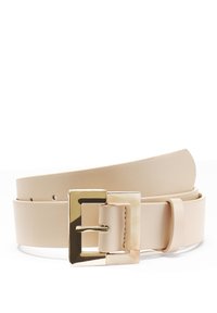 Beiger Kunstledergürtel mit einer rechteckigen goldfarbenen Schnalle und einer strukturierten Akzentuierung. Verfügt über verstellbare Löcher für eine optimale Passform.