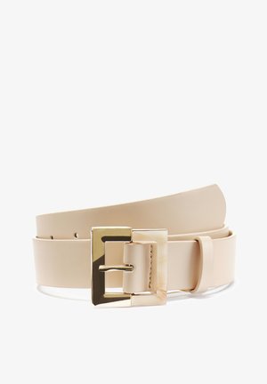 Beiger Kunstledergürtel mit einer rechteckigen goldfarbenen Schnalle und einer strukturierten Akzentuierung. Verfügt über verstellbare Löcher für eine optimale Passform.