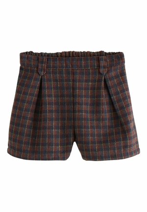 Karierte Shorts in Braun und Blau, mit einem elastischen Bund, Falten vorne und einem weichen, strukturierten Stoff.
