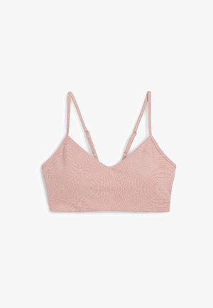 Bralet roz deschis cu un model texturat, design în formă de V și bretele subțiri ajustabile. Material neted cu o formă care conturează.