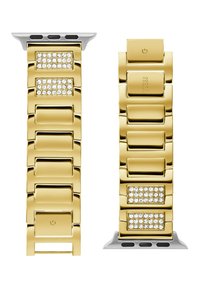Bracelet en maillons dorés avec une finition polie, comportant deux sections rectangulaires ornées de cristaux transparents et un accent en métal argenté.