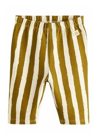 Kinder-Shorts mit elastischem Bund in olivgrün und weißen Streifen. Hergestellt aus einem weichen Stoff mit glatter Textur. Mit einem kleinen Logo-Tag.