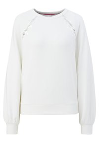 White sweatshirt with ribbed cuffs and hem. Features open weave detail on raglan seams. Smooth texture, round neckline, relaxed fit.