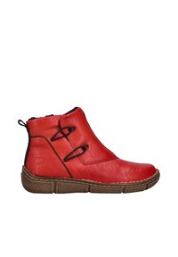 Rote Leder-Stiefelette mit runder Zehenform, Gummisohle und schwarzen Akzenten. Verfügt über dekorative Nähte und elastische Details für eine optimale Passform.