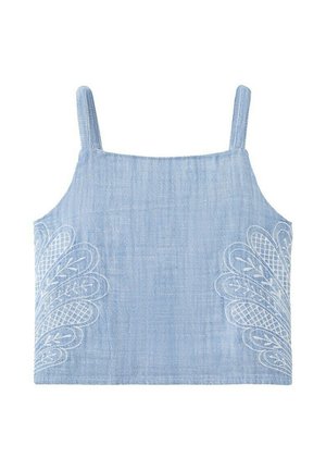 Top court sans manches bleu clair avec fines bretelles et motifs floraux blancs brodés de chaque côté.