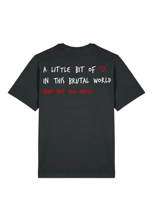 Black cotton t-shirt featuring white and red text on the back, with a heart symbol; relaxed fit and crew neck design.