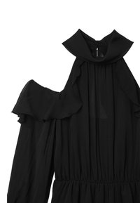 Schwarzes schulterfreies Kleid mit Rüschensaum, langen Ärmeln und elastischem Bund. Hergestellt aus leichtem Stoff mit strukturierter Oberfläche.