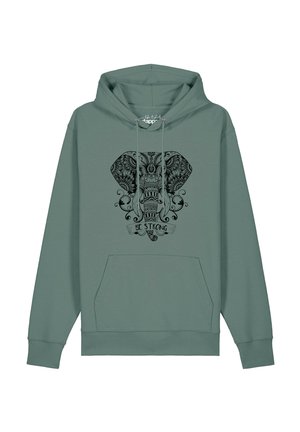 Sweat à capuche vert avec poche avant présentant un motif détaillé de tête d'éléphant noire et les mots "Be Strong" en dessous.