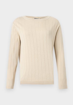 Pull beige à manches longues avec texture côtelée verticale, col rond, poignets et ourlet ajustés.