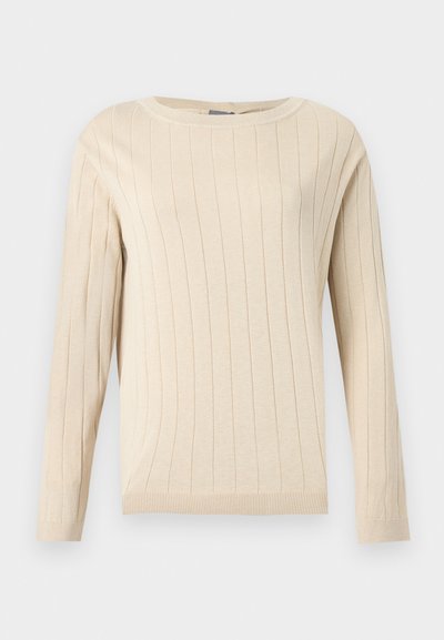 Pull beige à manches longues avec texture côtelée verticale, col rond, poignets et ourlet ajustés.