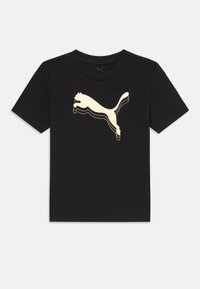 Svart bomull t-skjorte med korte ermer som har et stort gull Puma-logo i en hoppende posisjon, definert av svarte aksentlinjer.