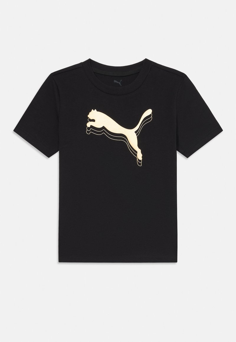 Schwarzes Baumwoll-T-Shirt mit kurzen Ärmeln, das über ein großes goldenes Puma-Logo in einer springenden Pose verfügt, das durch schwarze Akzentlinien definiert ist.
