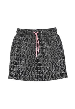 Gonna nera con motivo a scritte bianche su tutta la superficie e coulisse rosa in vita elastica.