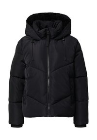 Schwarze Puffjacke mit Reißverschluss vorne, Kapuze mit Kordelzügen, gestepptem Design und gerippten Bündchen, gefertigt aus glattem, isoliertem Material.