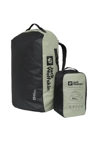 Borse da viaggio Jack Wolfskin in nero e verde chiaro, con un design elegante, tessuto robusto e dettagli con logo. La borsa più grande ha una capacità di 45L.