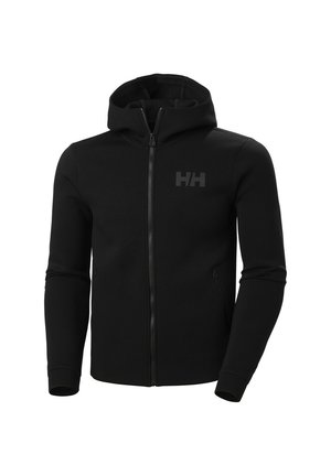 Felpa nera con zip, colletto alto, tessuto testurizzato, design aderente, due tasche laterali e un logo discreto sul petto.