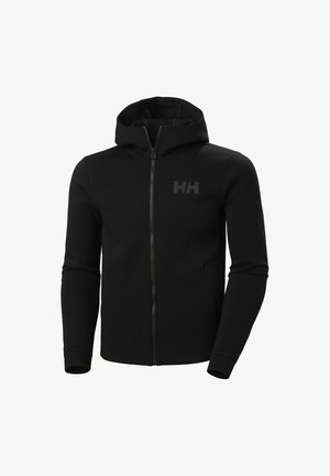 Sudadera negra con cremallera, cuello alto, tejido texturizado, diseño ajustado, dos bolsillos laterales y un logotipo sutil en el pecho.