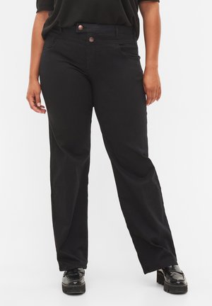 Black straight-leg jeans featuring a high waist, two front pockets, copper buttons, and soft, durable fabric with a slight sheen.